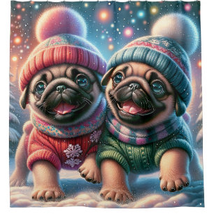 “Pug Puppies’ First Snowfall - Whimsical Winter" Shower Curtain