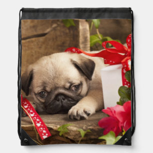 Pug Puppy and Gift Box Drawstring Bag