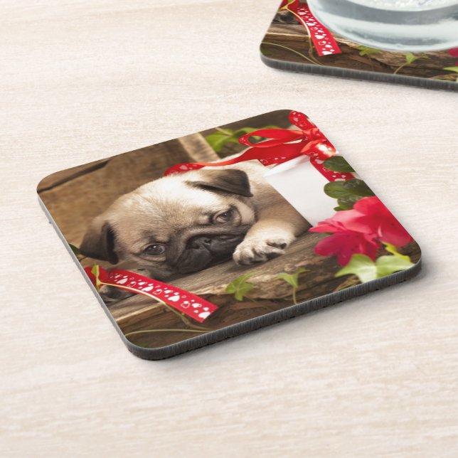Pug Puppy and Gift  Box Drink Coaster (Left Side)