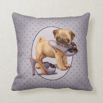 Pug Puppy And Shoe Throw Pillow by MarylineCazenave at Zazzle