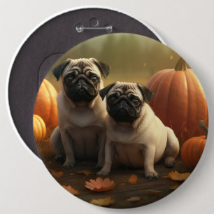 Pug Puppy Autumn Delight Pumpkin Button