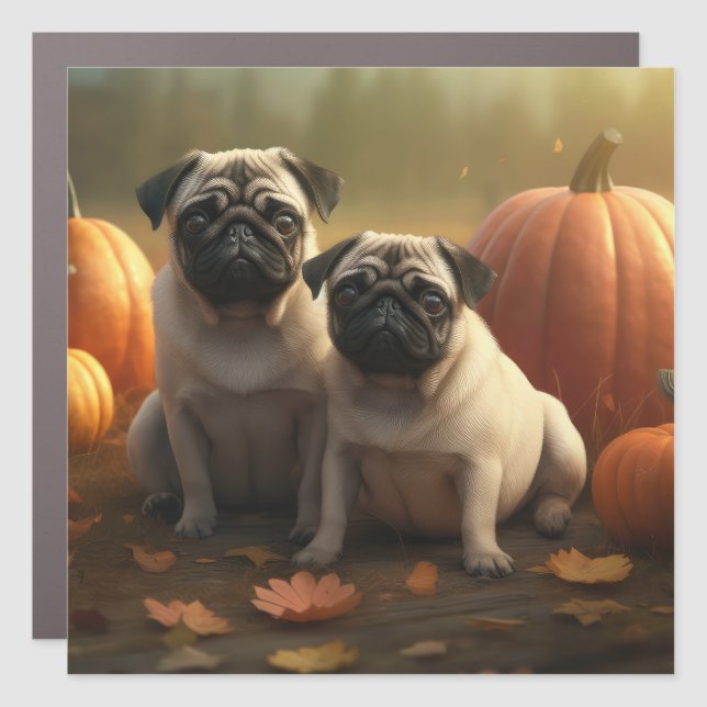 Pug Puppy Autumn Delight Pumpkin Car Magnet (Front)
