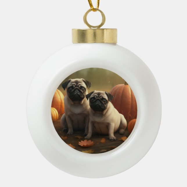 Pug Puppy Autumn Delight Pumpkin Ceramic Ball Christmas Ornament (Front)