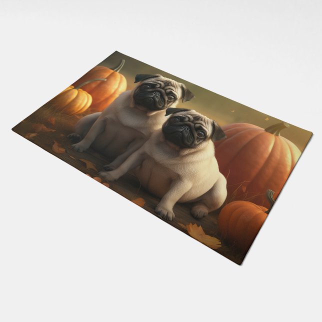 Pug Puppy Autumn Delight Pumpkin Doormat (Angled)