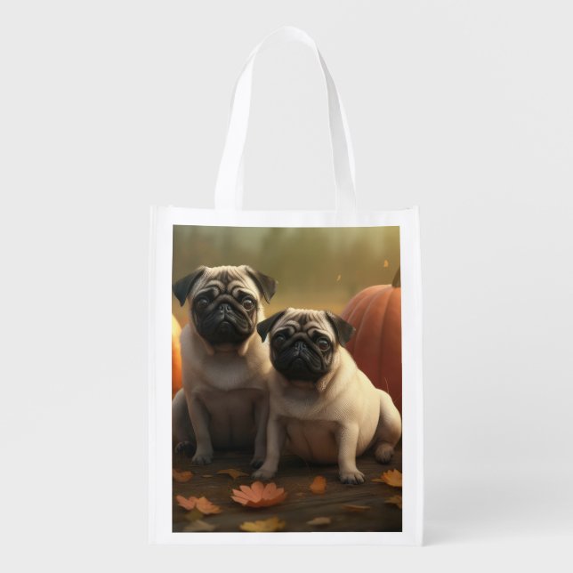 Pug Puppy Autumn Delight Pumpkin Grocery Bag (Front)