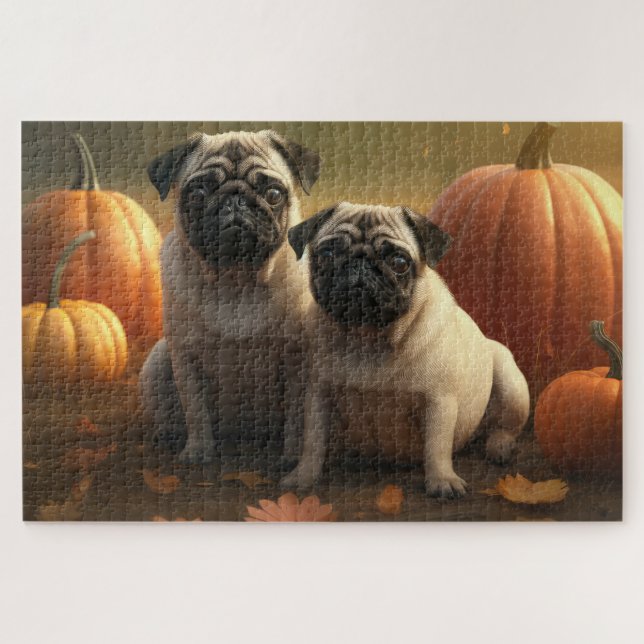 Pug Puppy Autumn Delight Pumpkin Jigsaw Puzzle (Horizontal)