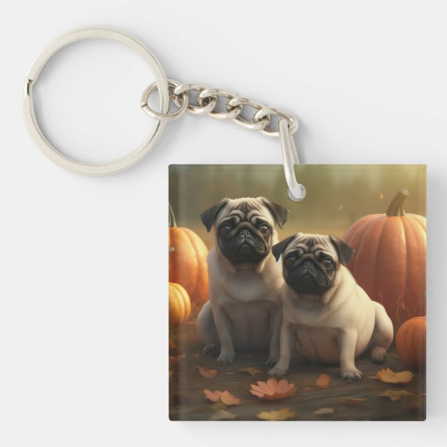 Pug Puppy Autumn Delight Pumpkin Keychain (Front)