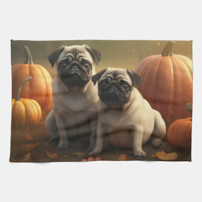 Pug Puppy Autumn Delight Pumpkin Kitchen Towel (Horizontal)