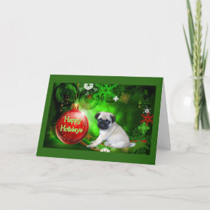 Pug Puppy Christmas Card Red Ball