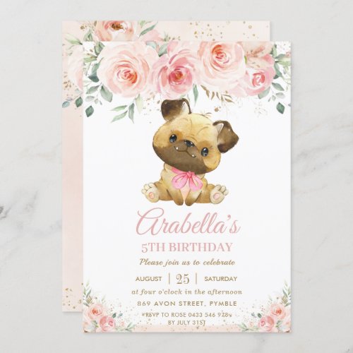 Pug Puppy Dog Blush Pink Floral Girl Birthday Invitation