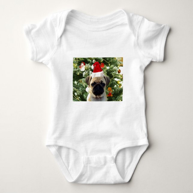 Pug Puppy Dog Christmas Tree Ornaments Snowman Baby Bodysuit (Front)