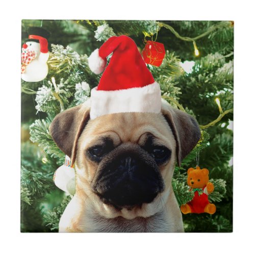 Pug Puppy Dog Christmas Tree Ornaments Snowman Ceramic Tile