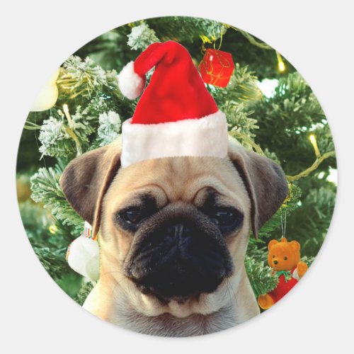 Pug Puppy Dog Christmas Tree Ornaments Snowman Classic Round Sticker