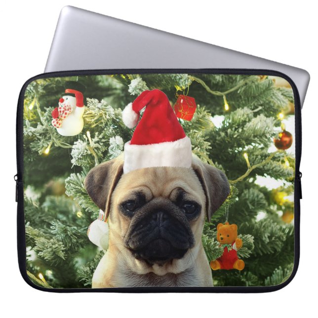 Pug Puppy Dog Christmas Tree Ornaments Snowman Laptop Sleeve (Front)