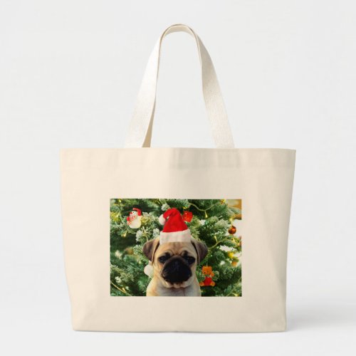 Pug Puppy Dog Christmas Tree Ornaments Snowman Large Tote Bag