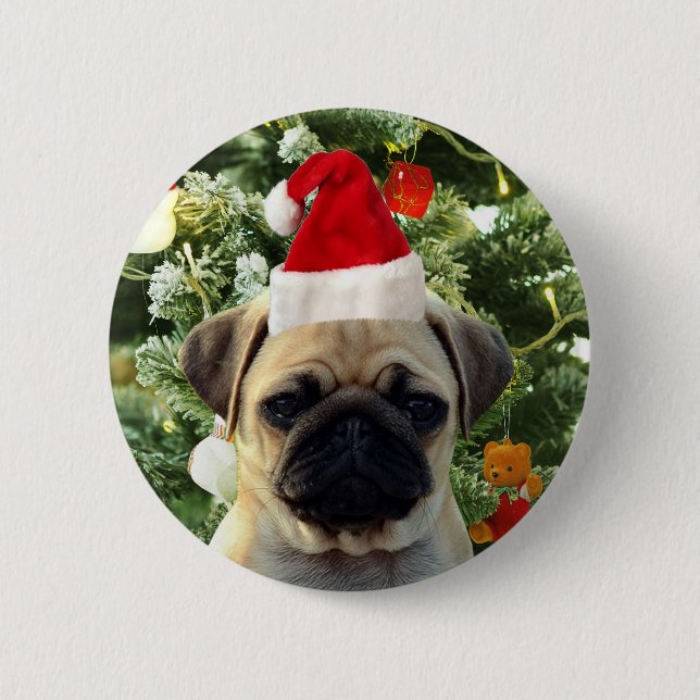 Pug Puppy Dog Christmas Tree Ornaments Snowman Pinback Button (Front)