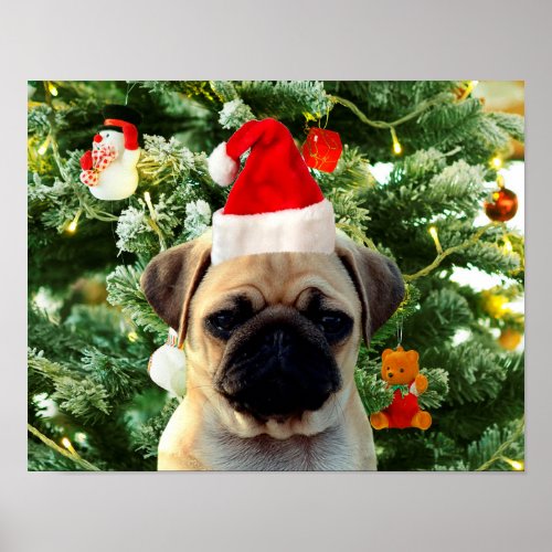 Pug Puppy Dog Christmas Tree Ornaments Snowman Poster