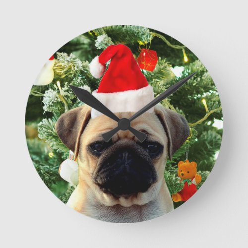Pug Puppy Dog Christmas Tree Ornaments Snowman Round Clock