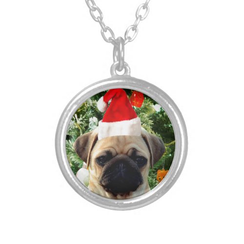 Pug Puppy Dog Christmas Tree Ornaments Snowman Silver Plated Necklace