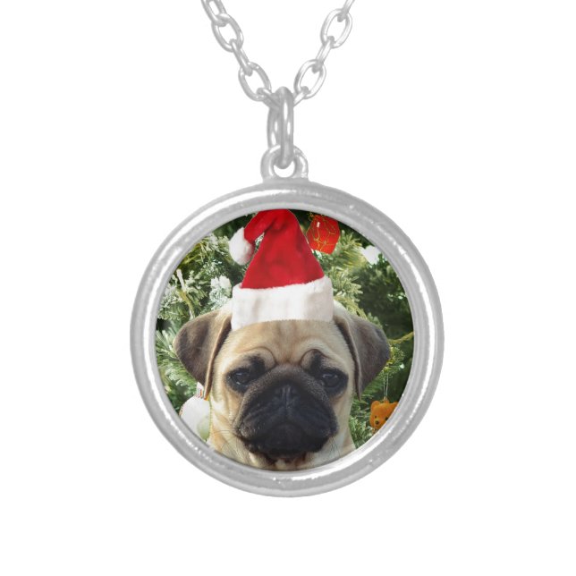 Pug Puppy Dog Christmas Tree Ornaments Snowman Silver Plated Necklace (Front)