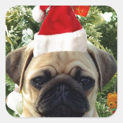 Pug Puppy Dog Christmas Tree Ornaments Snowman Square Sticker