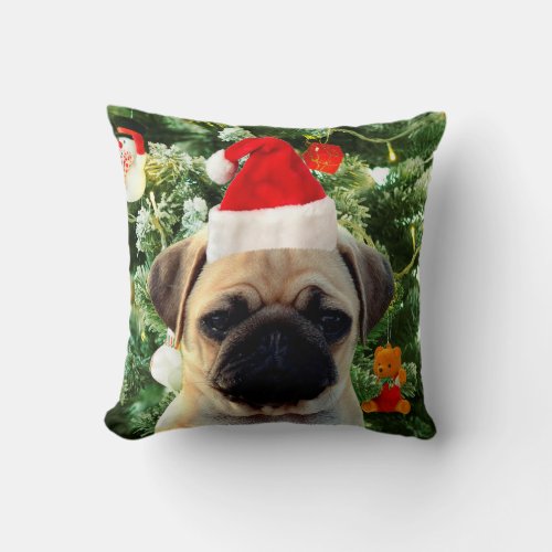 Pug Puppy Dog Christmas Tree Ornaments Snowman Throw Pillow