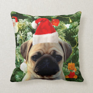 Pug Puppy Dog Christmas Tree Ornaments Snowman Throw Pillow