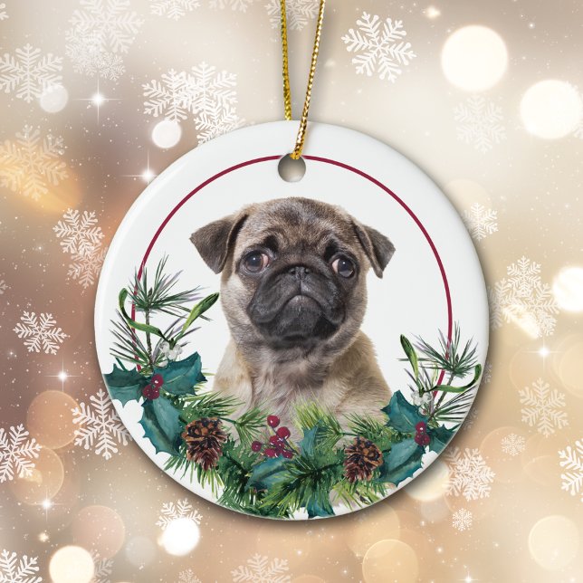 Pug Puppy Dog Evergreen Berry Wreath Ceramic Ornament (Creator Uploaded)