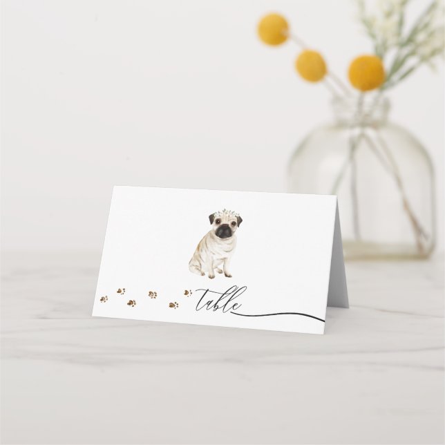 Pug puppy Dog Owner Wedding Script Table Place Card (Front)