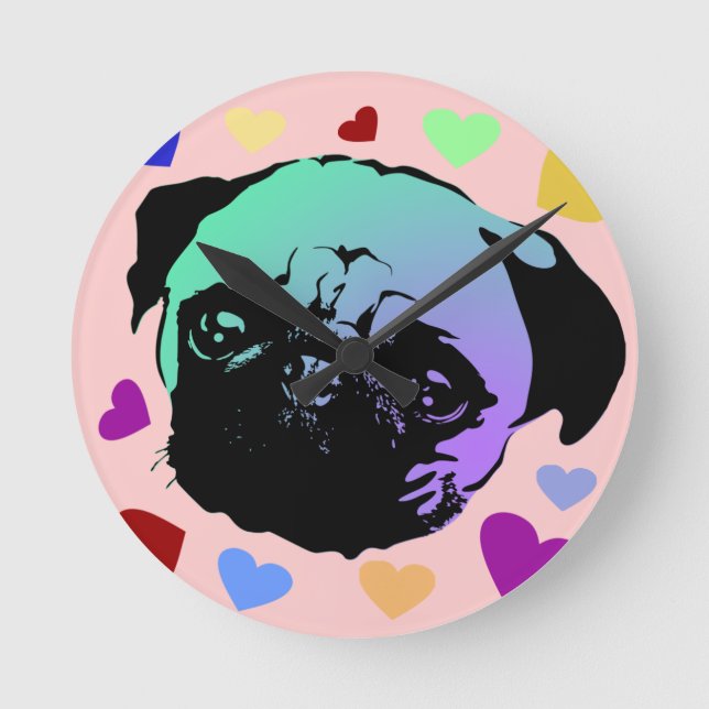 Pug Puppy Dog PopArt Retro Style Round Clock (Front)