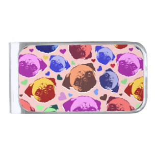 Pug Puppy Dog PopArt Retro Style Silver Finish Money Clip