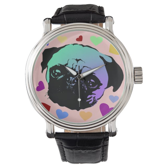 Pug Puppy Dog PopArt Retro Style Watch (Front)