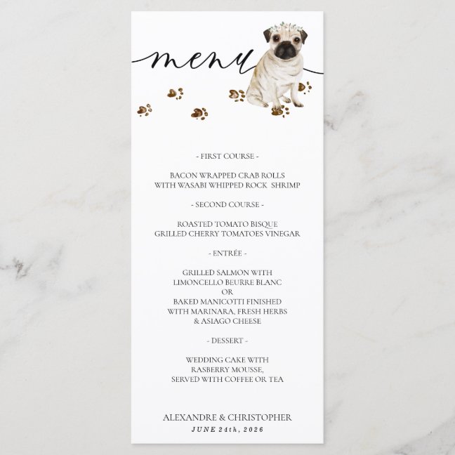 Pug puppy Dog Wedding Party Menu