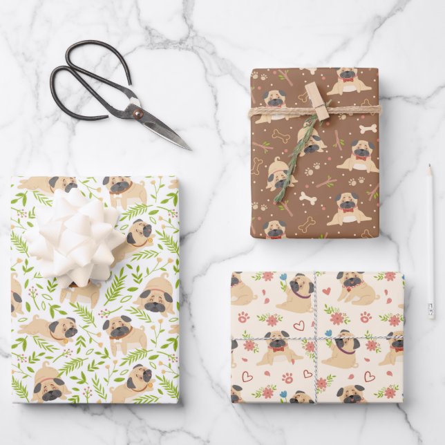 Pug Puppy Dog Wrapping Paper Set of 3 (Front)