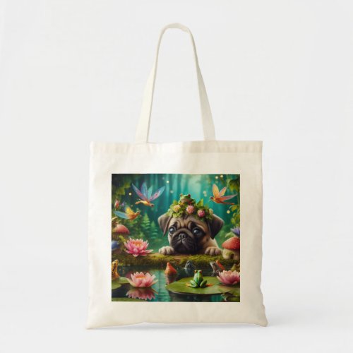 Pug Puppy Enchanted Forest Frog Pond Tote Bag