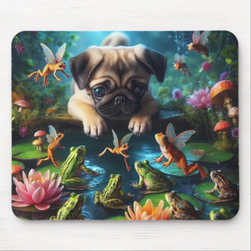 Pug Puppy Enchanted Frog Pond Mouse Pad