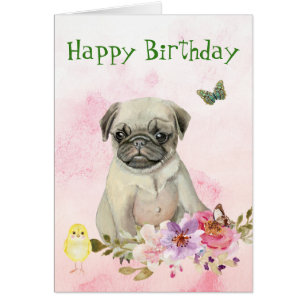 Pug Puppy Floral Birthday Card