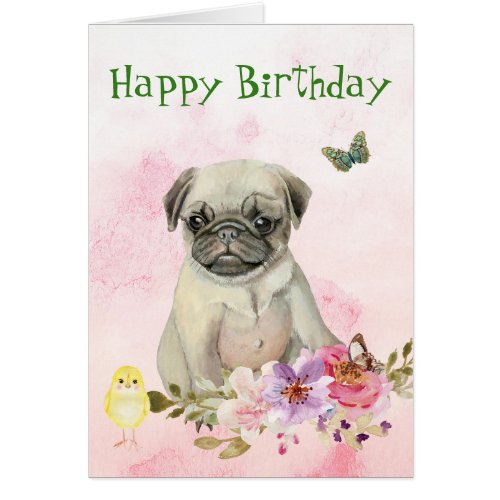 Pug Puppy Floral Birthday Card