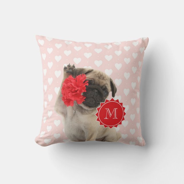 Pug Puppy holding Red Carnation Monogram Throw Pillow (Front)