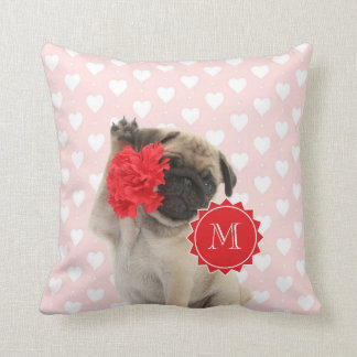 Pug Puppy holding Red Carnation Monogram Throw Pillow