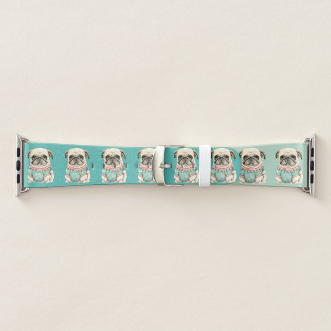 Pug puppy in sweather on custom 2 shades teal bg apple watch band (Band)