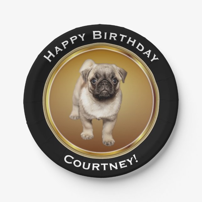 Pug Puppy on Faux Gold Happy Birthday with Name Paper Plates (Front)