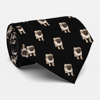 Pug Puppy Pattern On Black Neck Tie by RewStudio at Zazzle