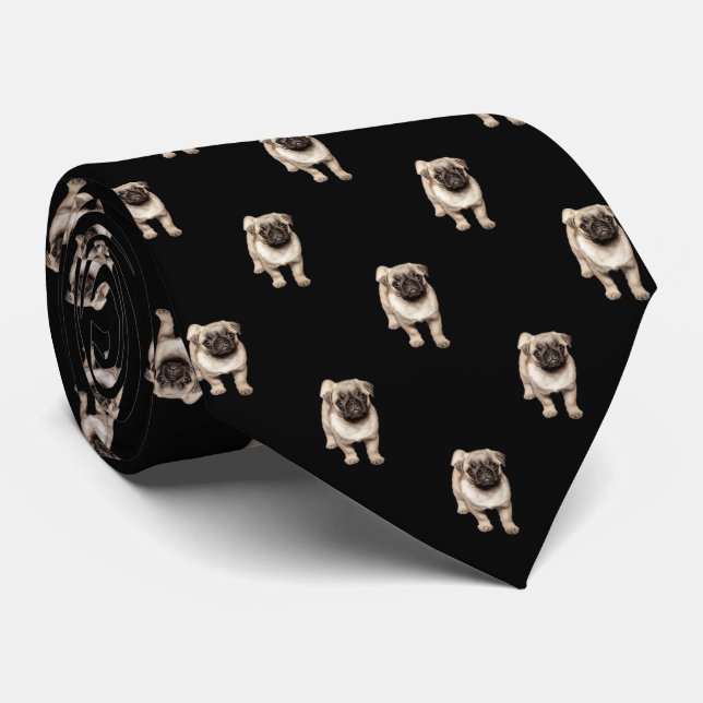 Pug Puppy Pattern on Black Neck Tie (Rolled)