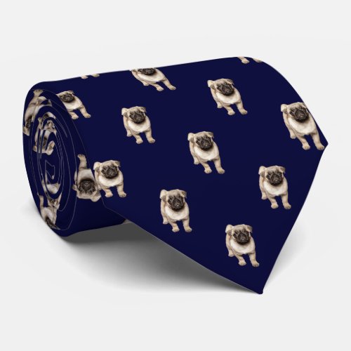 Pug Puppy Pattern on Dark Navy Blue Neck Tie