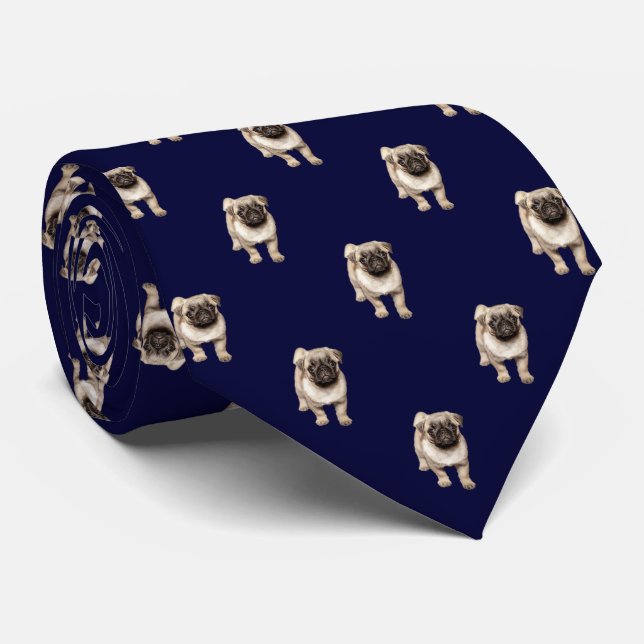 Pug Puppy Pattern on Dark Navy Blue Neck Tie (Rolled)