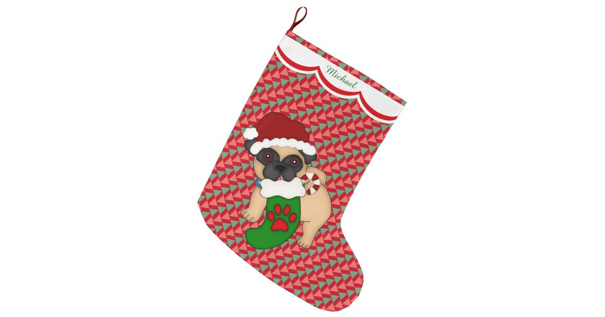 Pug Puppy Pattern Personalized Large Christmas Stocking | Zazzle