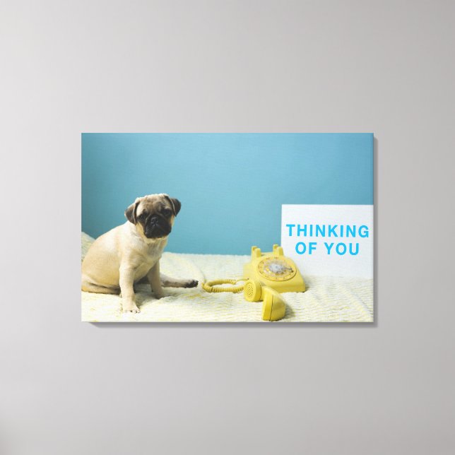 Pug puppy sitting on bed next to phone and canvas print (Front)