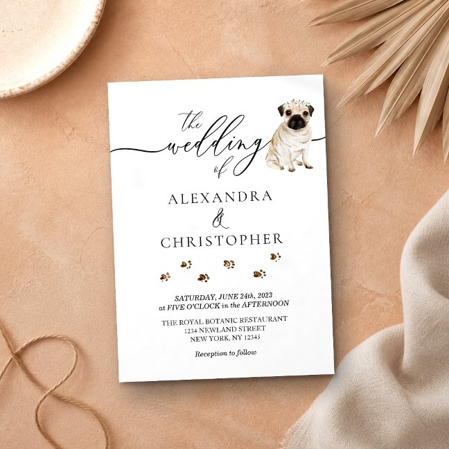 Pug puppy Wedding Calligraphy Invitation