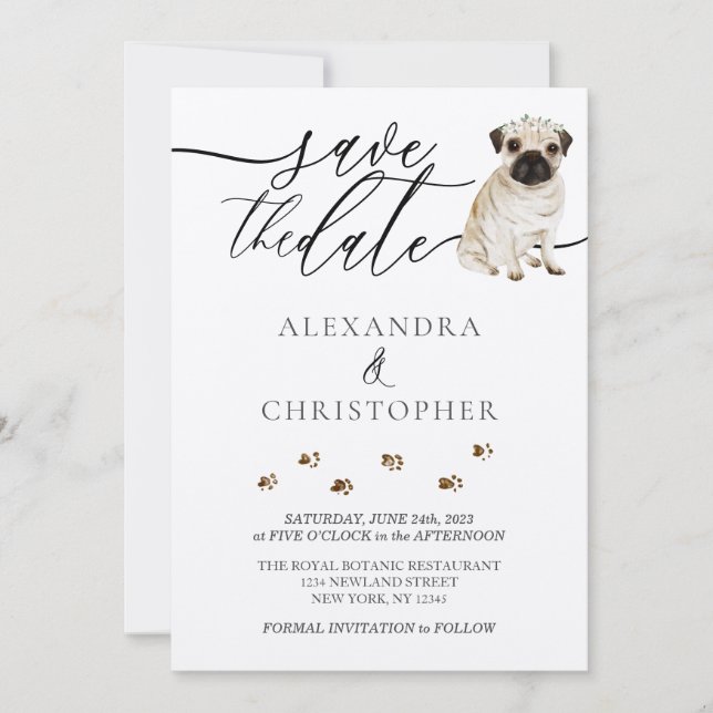 Pug puppy Wedding Calligraphy script Save The Date (Front)